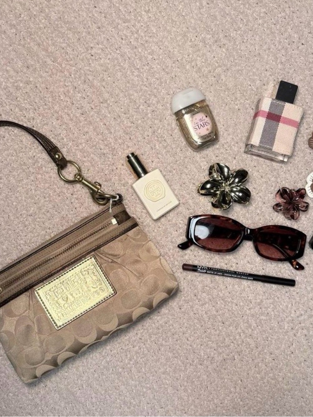 Coach Beige Signature Wristlet Pouch with Gold Logo Plaque